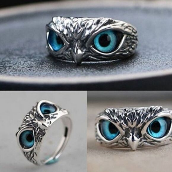 New Blue Imitation Cats Eye Owl Ring - Picture 7 of 8